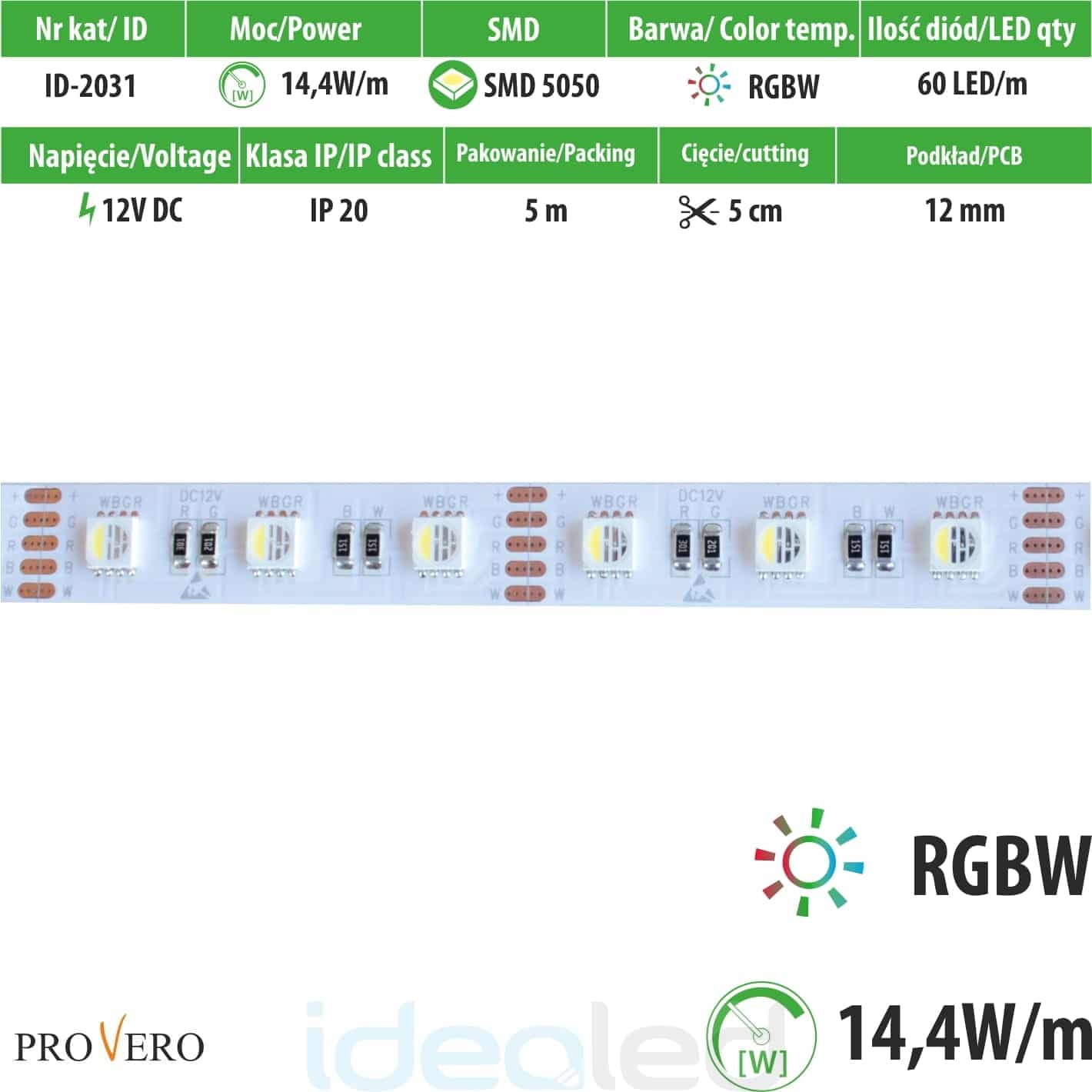 IDEALED LED lente 60 SMD 5050 IP20 - RGBW, 14,4W, 12V DC